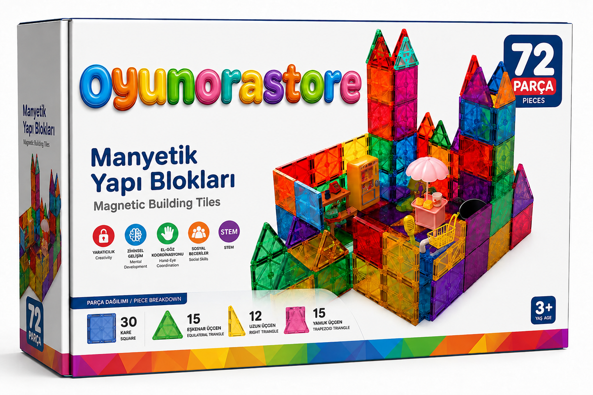 72 Parça Manyetik Yapı Blokları - Çocuklar için Renkli 3 Boyutlu Karo Oyun Seti Oyuncak Yap-Boz