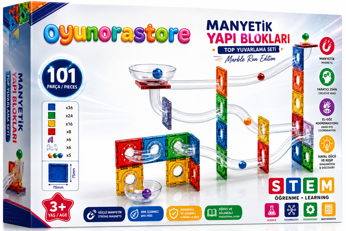 Ball Run Parkur Oyunu – Manyetik Bloklar Çocuklar İçin Renkli 3 Boyutlu 101 Parça Yapı Seti