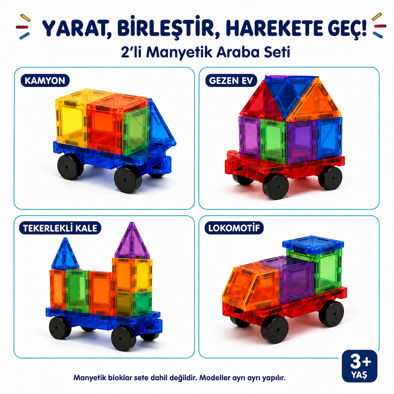 2 Adet Araba Eklentisi Manyetik Oyuncak - Mıknatıslı Manyetik Bloklar