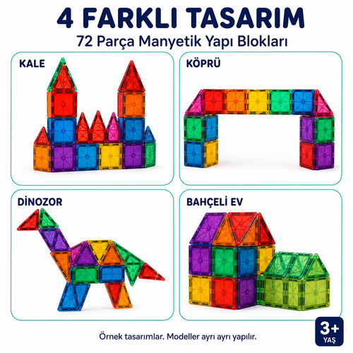72 Parça Manyetik Yapı Blokları - Çocuklar için Renkli 3 Boyutlu Karo Oyun Seti Oyuncak Yap-Boz