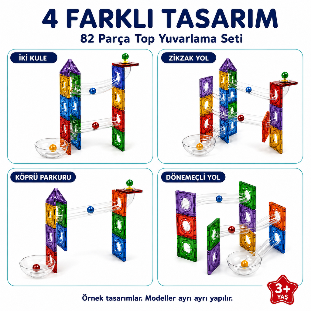 Ball Run Parkur Oyunu – Manyetik Bloklar Çocuklar İçin Renkli 3 Boyutlu 82 Parça Yapı Seti