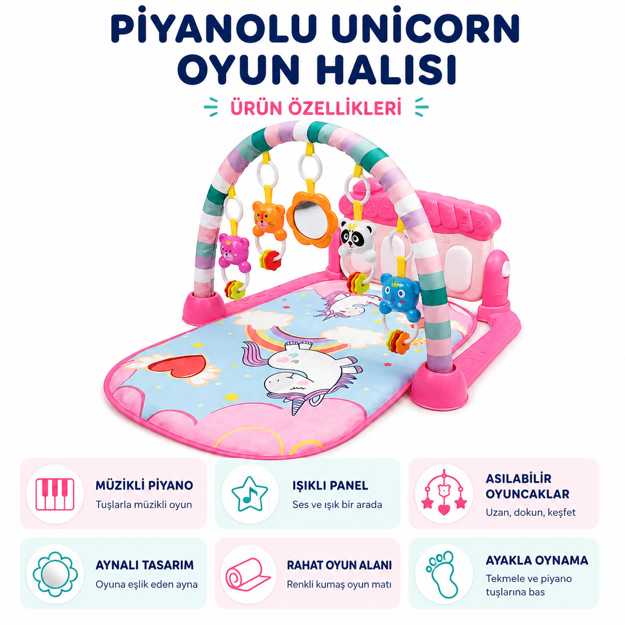 Pembe Sevimli Piyanolu Sesli Işıklı Aynalı Oyun Halısı Bebek Yenidoğan