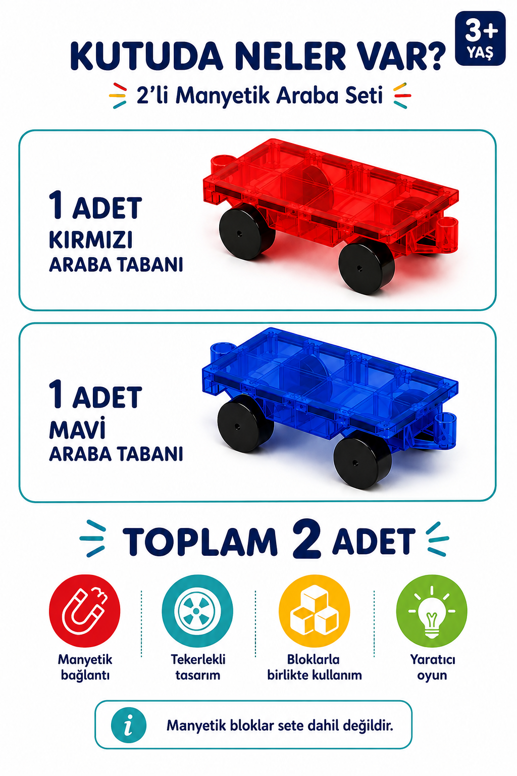 2 Adet Araba Eklentisi Manyetik Oyuncak - Mıknatıslı Manyetik Bloklar