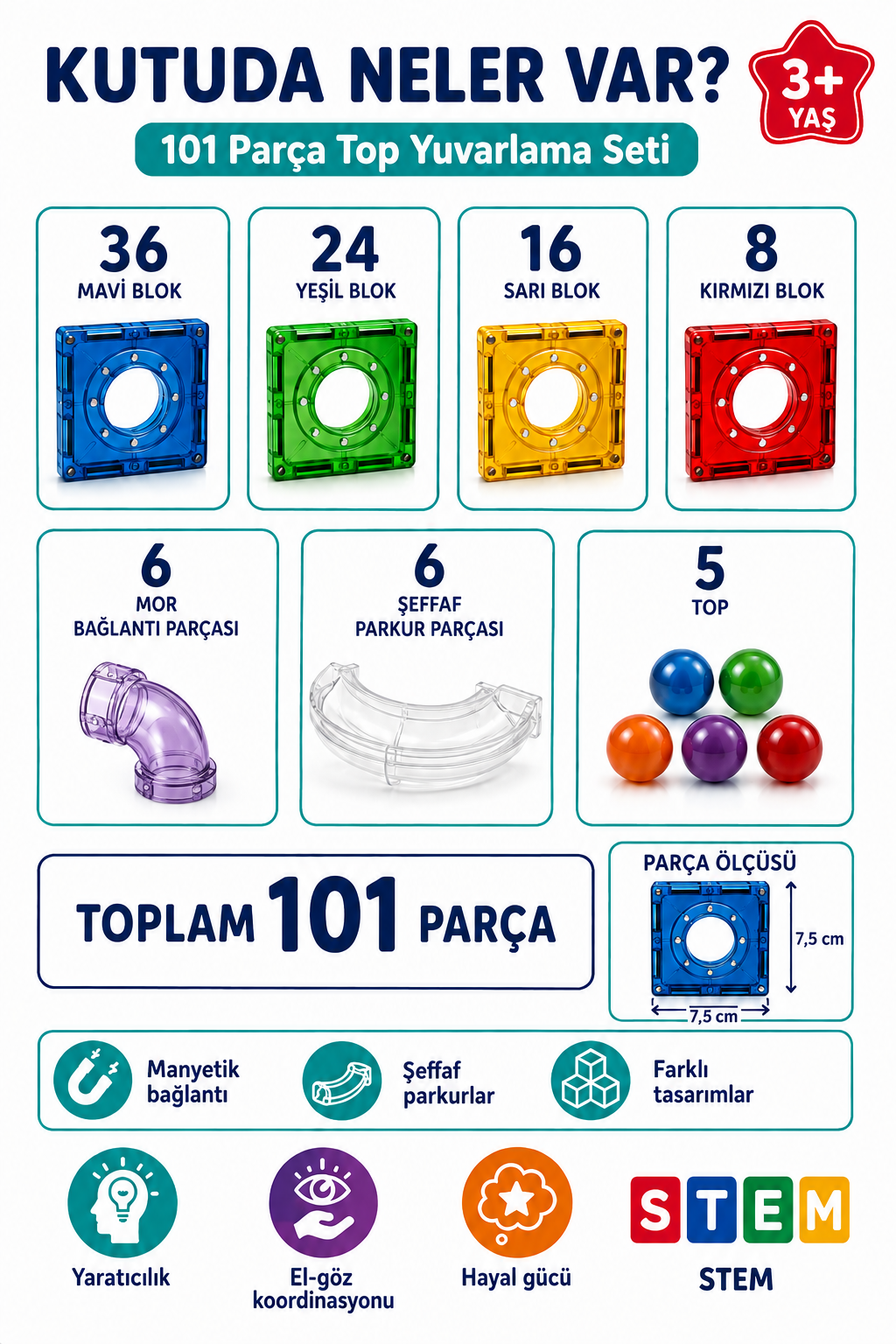 Ball Run Parkur Oyunu – Manyetik Bloklar Çocuklar İçin Renkli 3 Boyutlu 101 Parça Yapı Seti