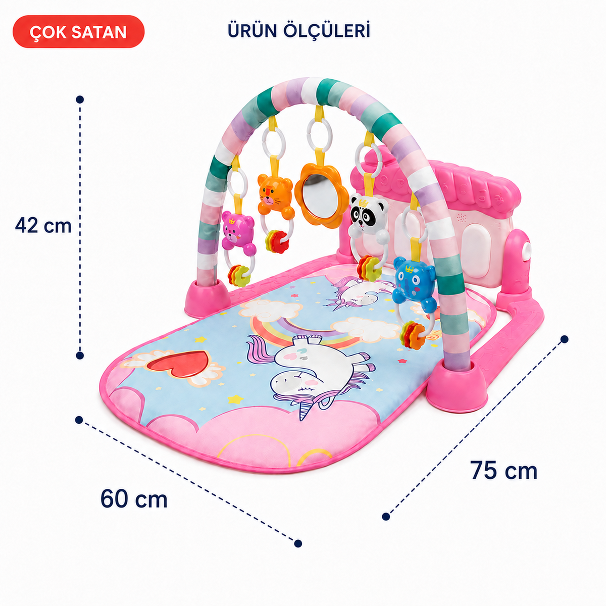 Pembe Sevimli Piyanolu Sesli Işıklı Aynalı Oyun Halısı Bebek Yenidoğan