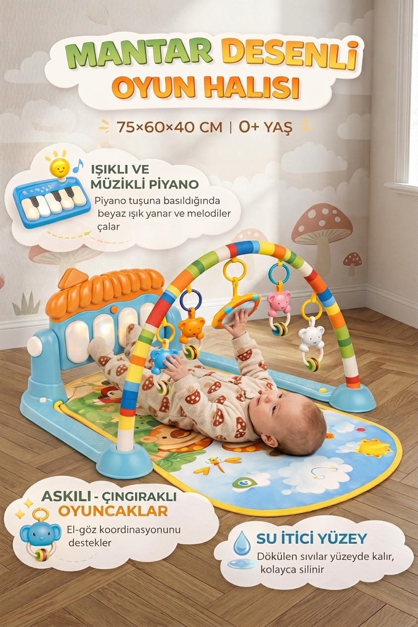 Mavi mantar piyanolu sesli ışıklı aynalı bebek oyun halısı - 1