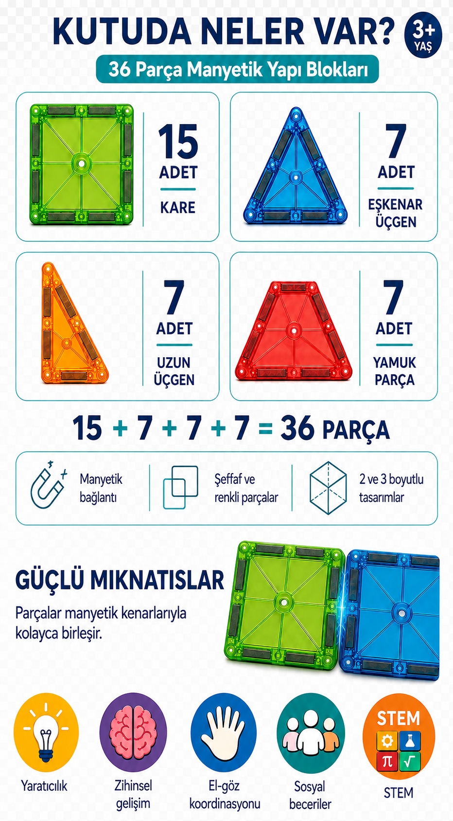 36 Parça Manyetik Yapı Blokları - Çocuklar için Renkli 3 Boyutlu Karo Oyun Seti Oyuncak Yap-Boz