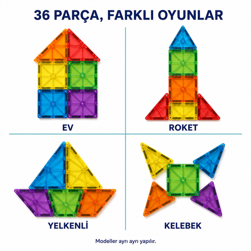 36 Parça Manyetik Yapı Blokları - Çocuklar için Renkli 3 Boyutlu Karo Oyun Seti Oyuncak Yap-Boz