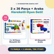 2 x 36 parça manyetik yapı blokları ve 2'li manyetik araba seti