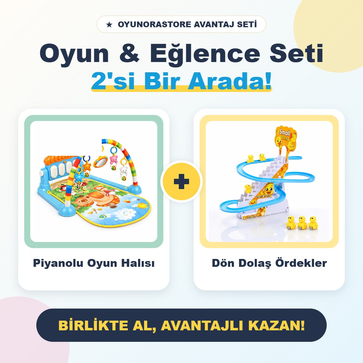 Mavi mantar piyanolu oyun halısı ve Dön Dolaş Ördekler oyuncak seti