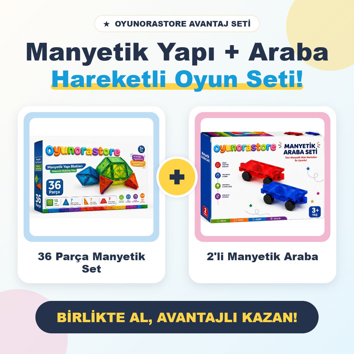 2x36 parça manyetik yapı blokları ve 2'li manyetik araba seti