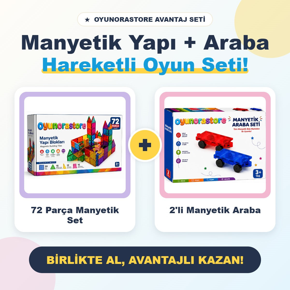 72 parça manyetik yapı blokları ve 2'li manyetik araba seti