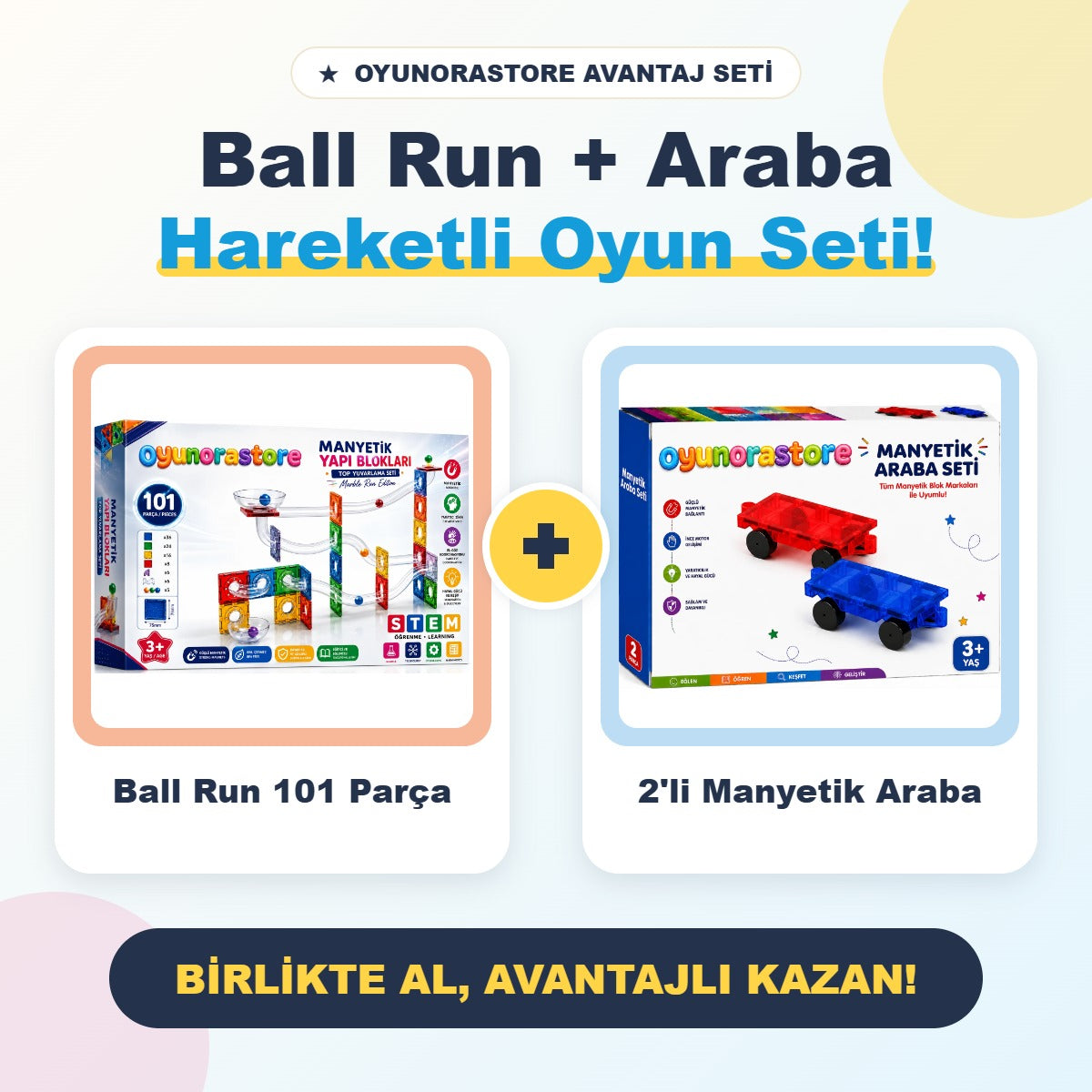 Ball Run 101 parça manyetik top parkuru ve 2'li manyetik araba seti