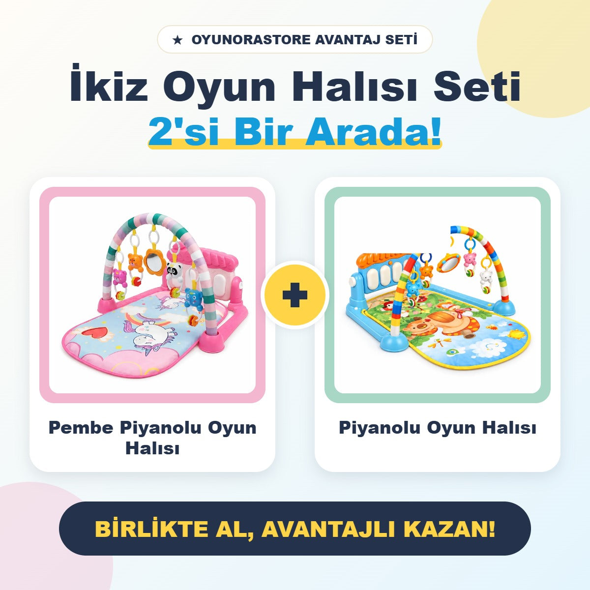 İkiz oyun halısı seti: pembe ve mavi mantar piyanolu bebek oyun halısı