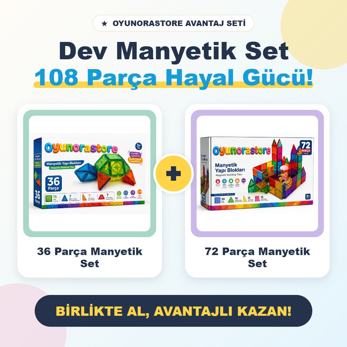 Dev manyetik set: 36 ve 72 parça manyetik yapı blokları, toplam 108 parça